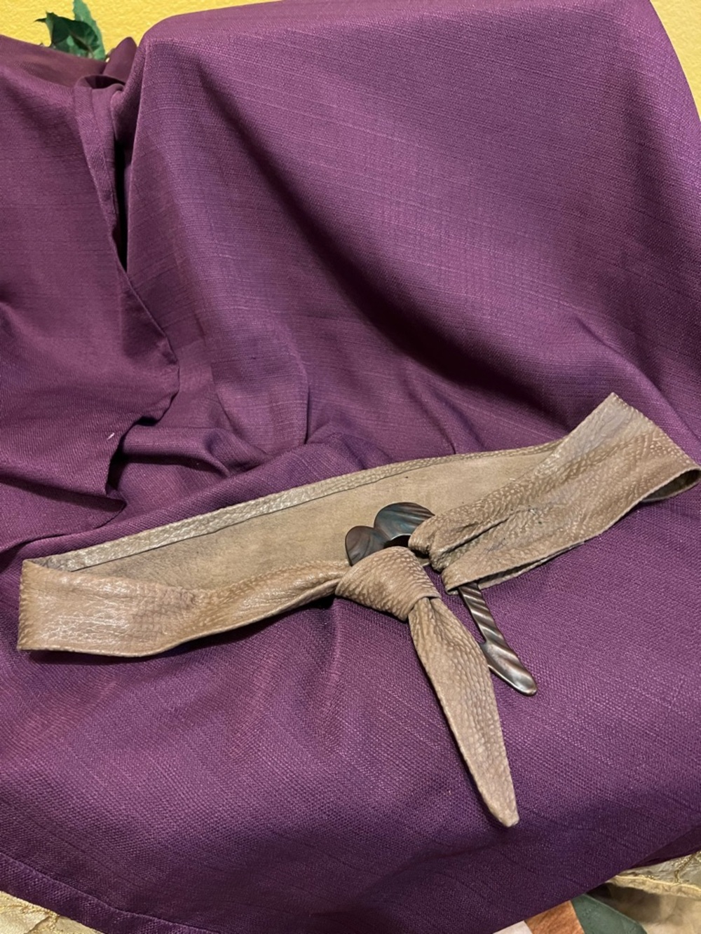Vintage  Olive Green Leather Obi Belt with Decorative Metal Toggle